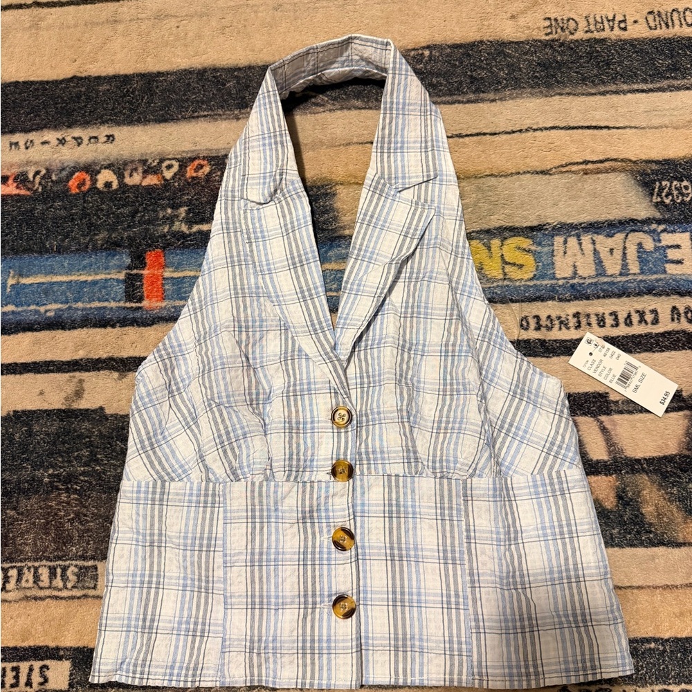 La Hearts Light Blue and White Checkered Halter Top
